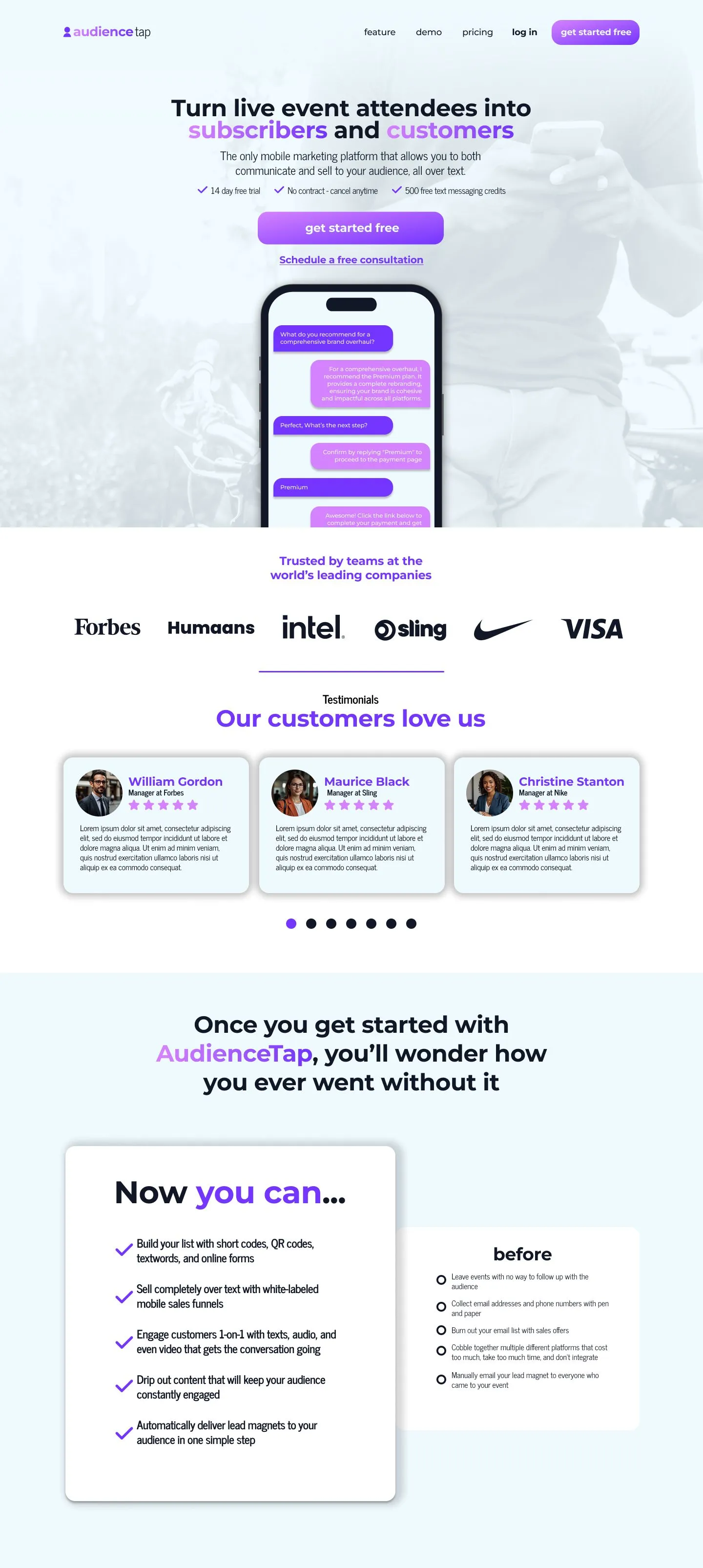 Landing page de AudienceTap, vista de escritorio