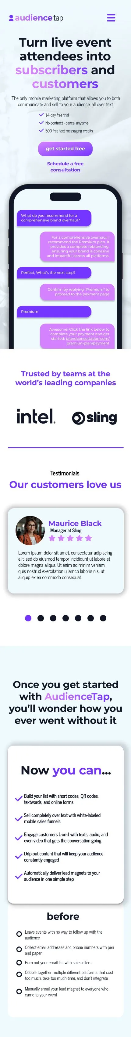 Landing page de AudienceTap, vista móvil