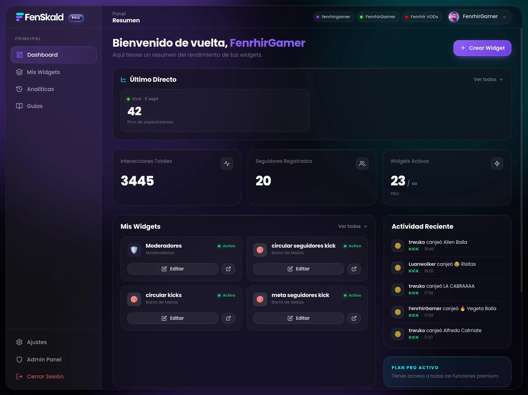 Panel de FenSkald con el resumen del último directo