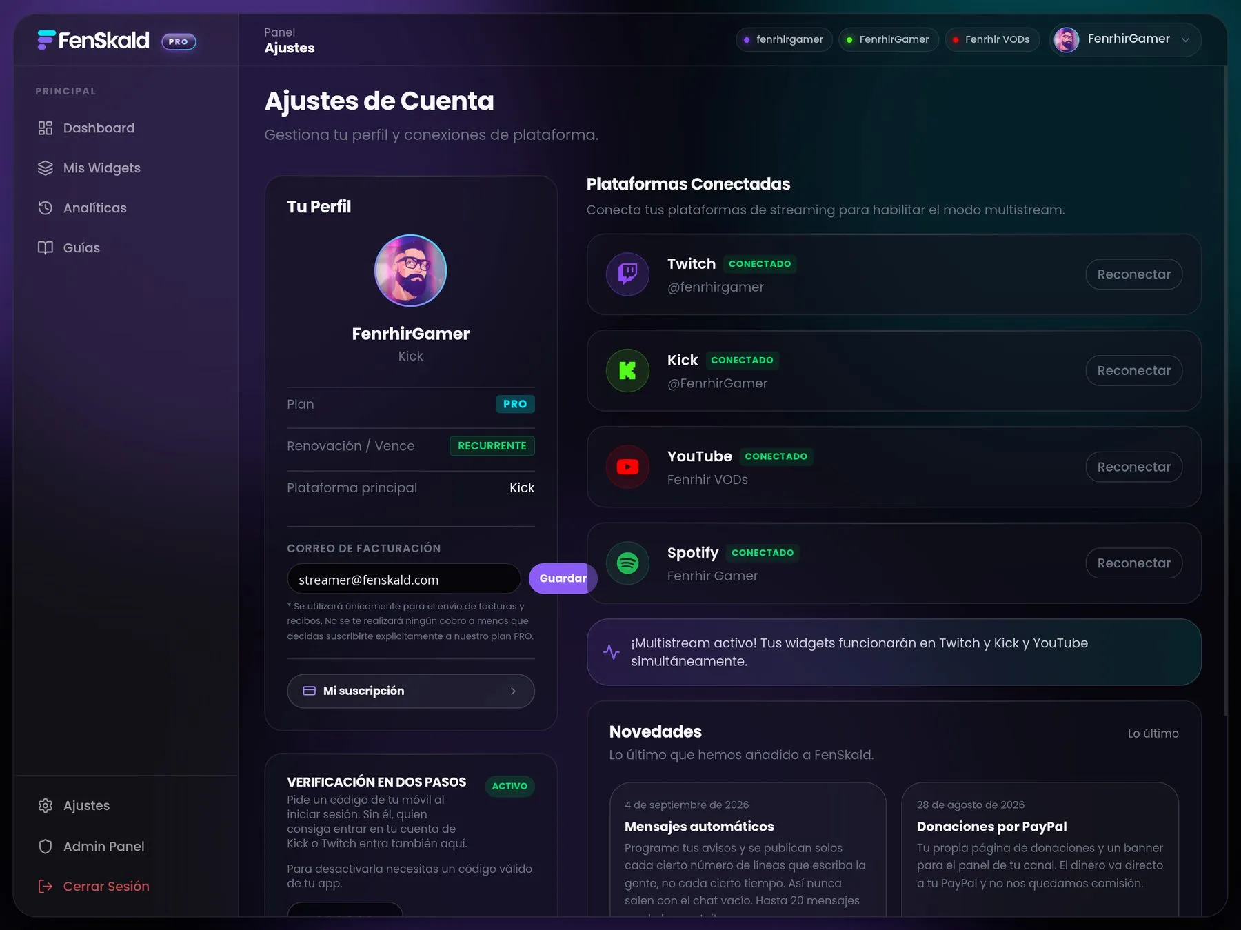 Ajustes de cuenta con las plataformas conectadas
