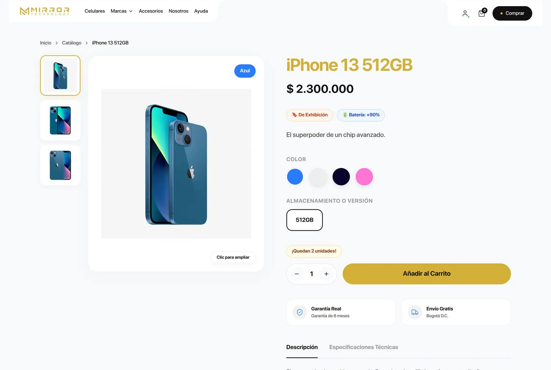 Ficha de producto con opciones de color y almacenamiento