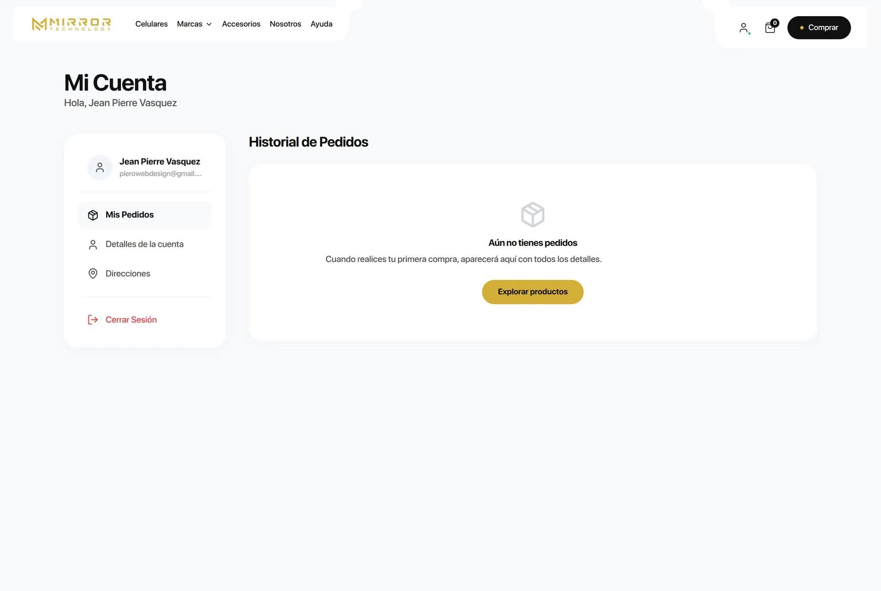 Cuenta del cliente e historial de pedidos